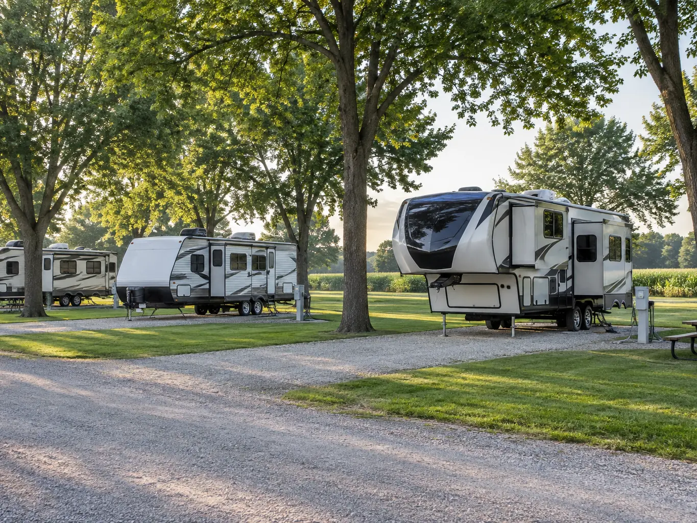 Travel trailers and a fifth-wheel parked on gravel RV sites under mature shade trees